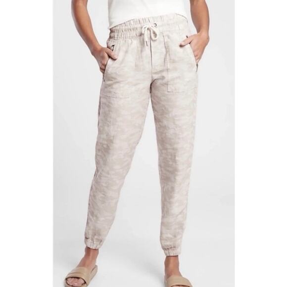 Athleta Cabo Tide Jogger Pants 100% Linen Cream Ivory Pattern Pull On Size 10 - Picture 1 of 12